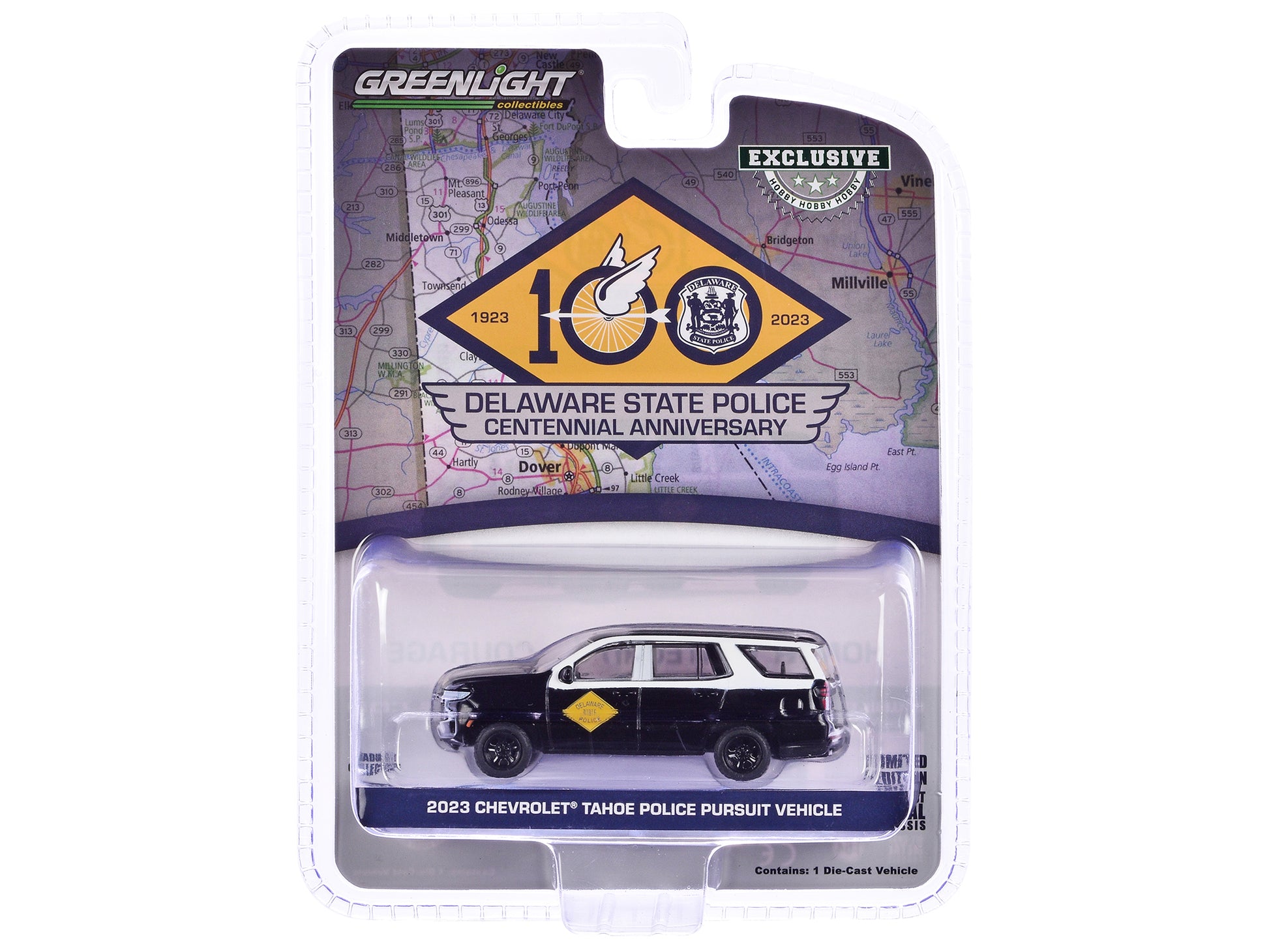 2023 Chevrolet Tahoe Police Pursuit Vehicle "Delaware State Police Centennial Anniversary" Black and White "Hobby Exclusive" Series 1/64 Diecast Model Car by Greenlight-DiecastModeler.com