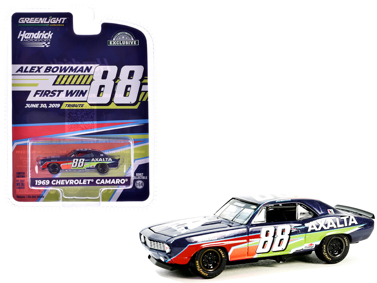 1969 Chevrolet Camaro #88 "Alex Bowman - Hendrick Motorsports First Win Tribute" Dark Blue with Graphics "Hobby Exclusive" Series 1/64 Diecast Model Car by Greenlight-DiecastModeler.com