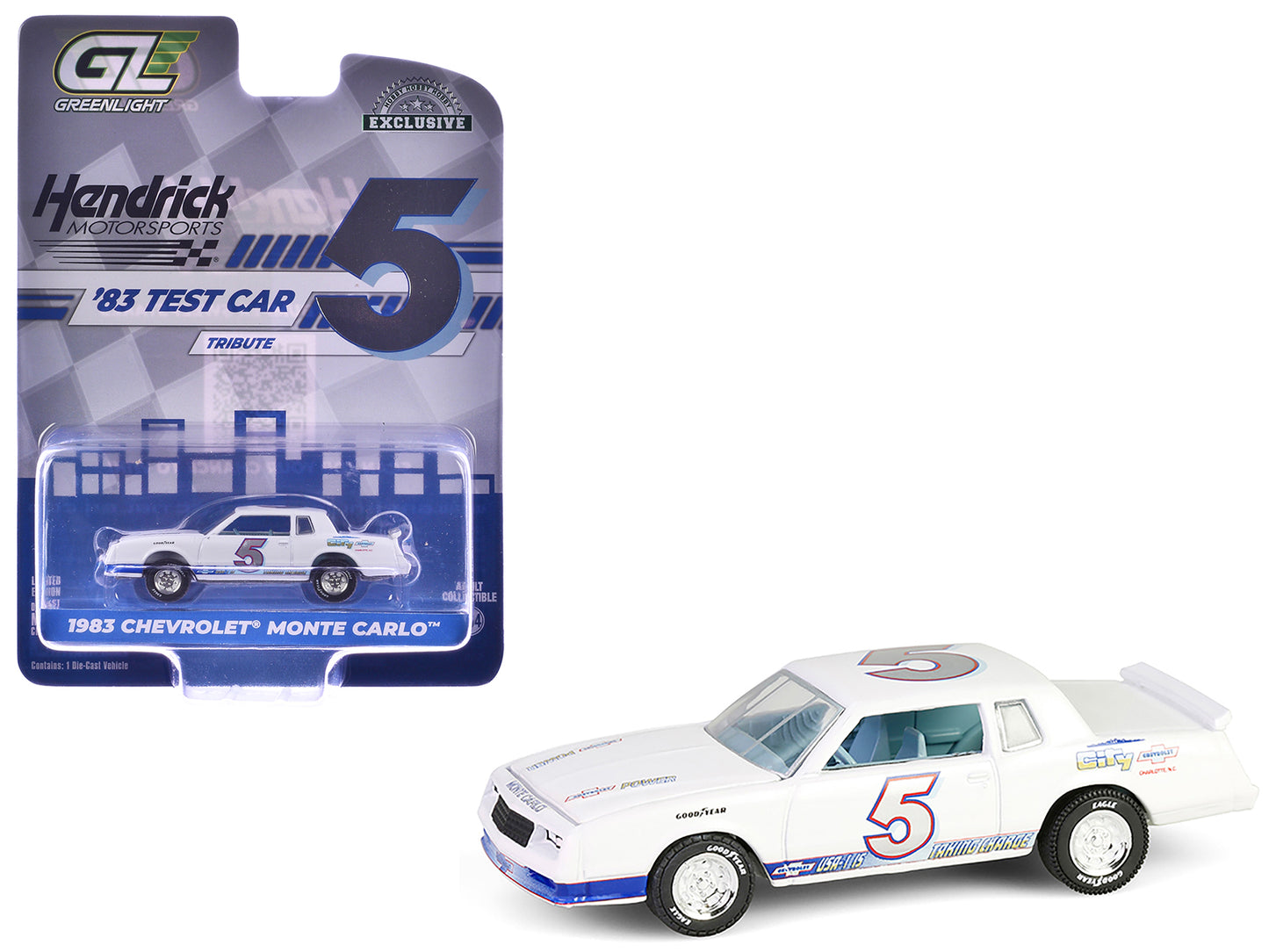 1983 Chevrolet Monte Carlo #5 "Hendrick Motorsports First Test Car Tribute" White with Blue Stripes and Interior "Hobby Exclusive" Series 1/64 Diecast Model Car by Greenlight