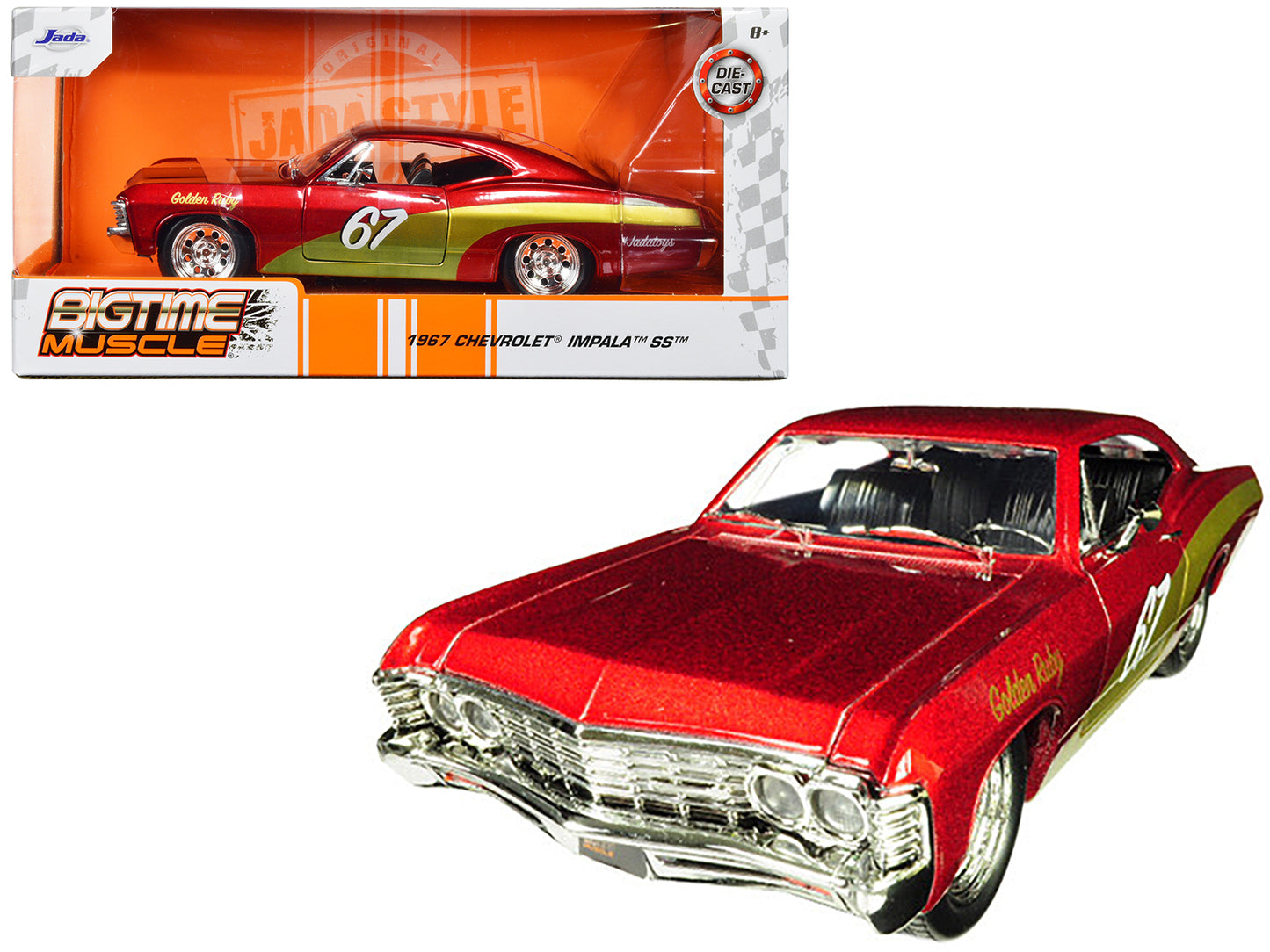 1967 Chevrolet Impala SS #67 "Golden Ruby" Red with Gold Stripes "Bigtime Muscle" 1/24 Diecast Model Car by Jada-DiecastModeler.com