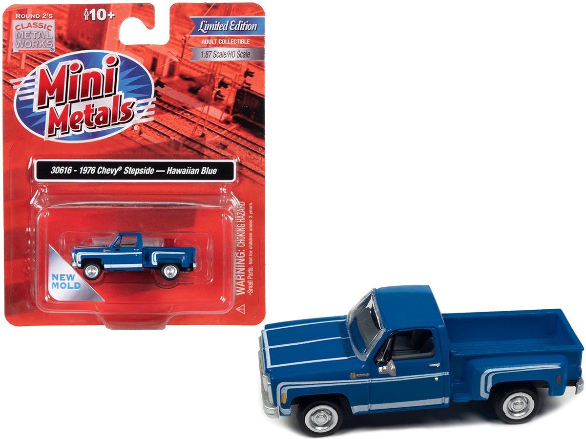 1976 Chevrolet Stepside Pickup Truck Hawaiian Blue with White Stripes 1/87 (HO) Scale Model Car by Classic Metal Works-DiecastModeler.com