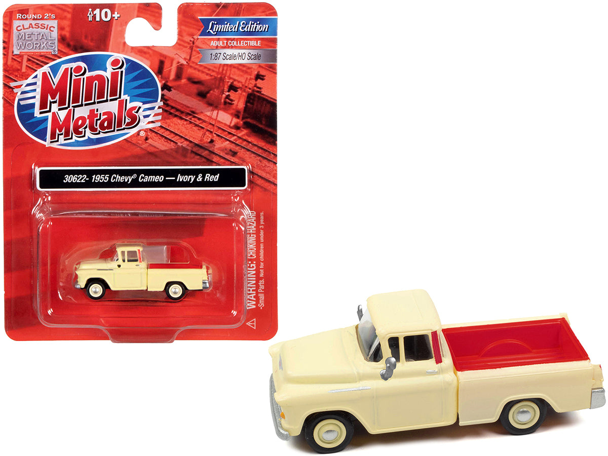 1955 Chevrolet Cameo Pickup Truck Ivory and Red 1/87 (HO) Scale Model Car by Classic Metal Works-DiecastModeler.com