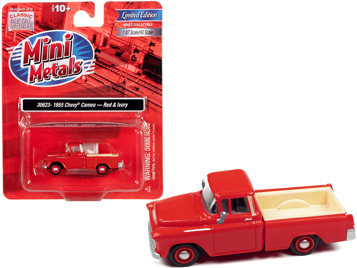 1955 Chevrolet Cameo Pickup Truck Red and Ivory 1/87 (HO) Scale Model Car by Classic Metal Works-DiecastModeler.com