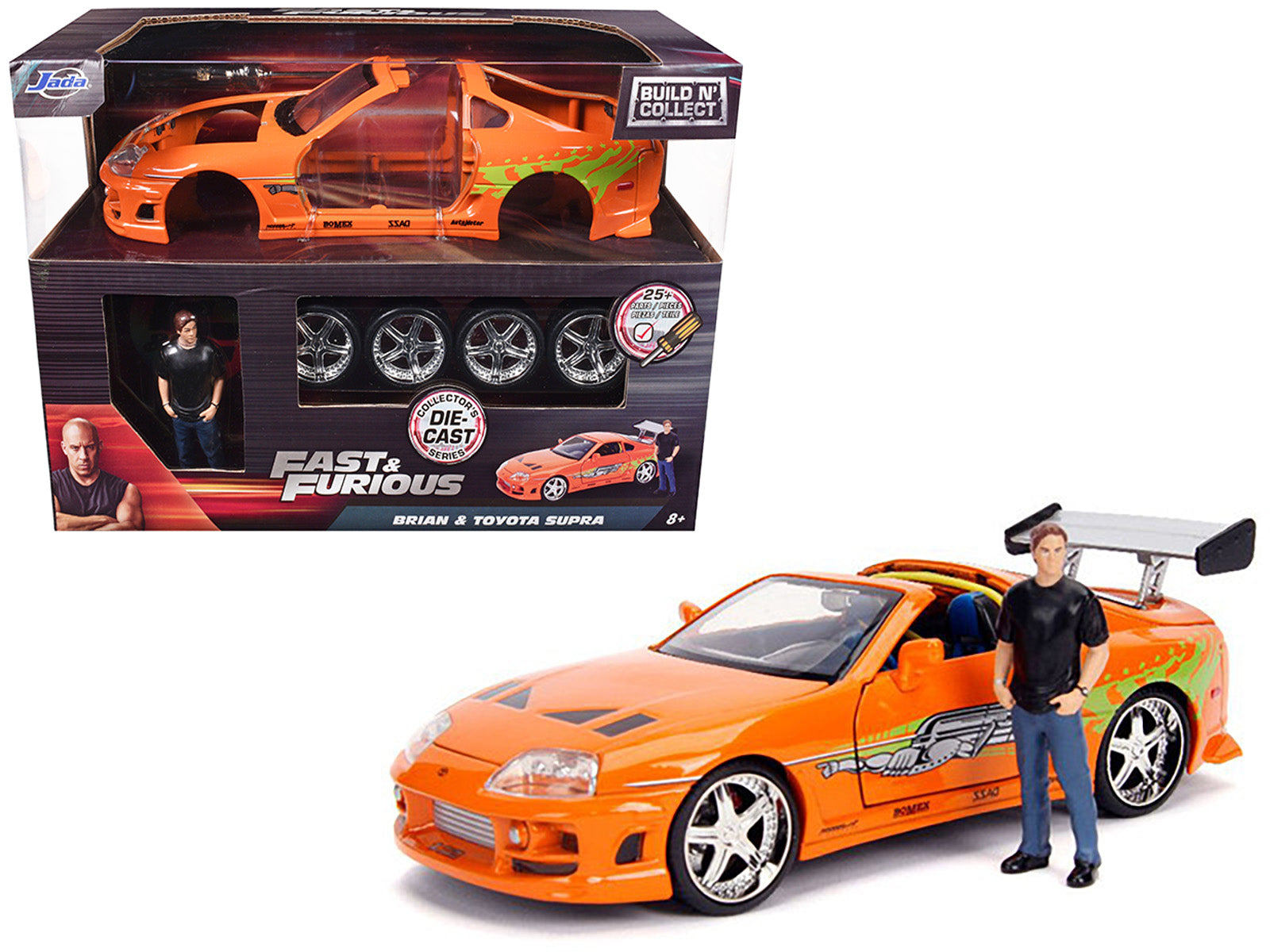 Model Kit Toyota Supra Metallic Orange with Brian Diecast Figure "Fast & Furious" Movie "Build N' Collect" 1/24 Diecast Model Car by Jada-DiecastModeler.com
