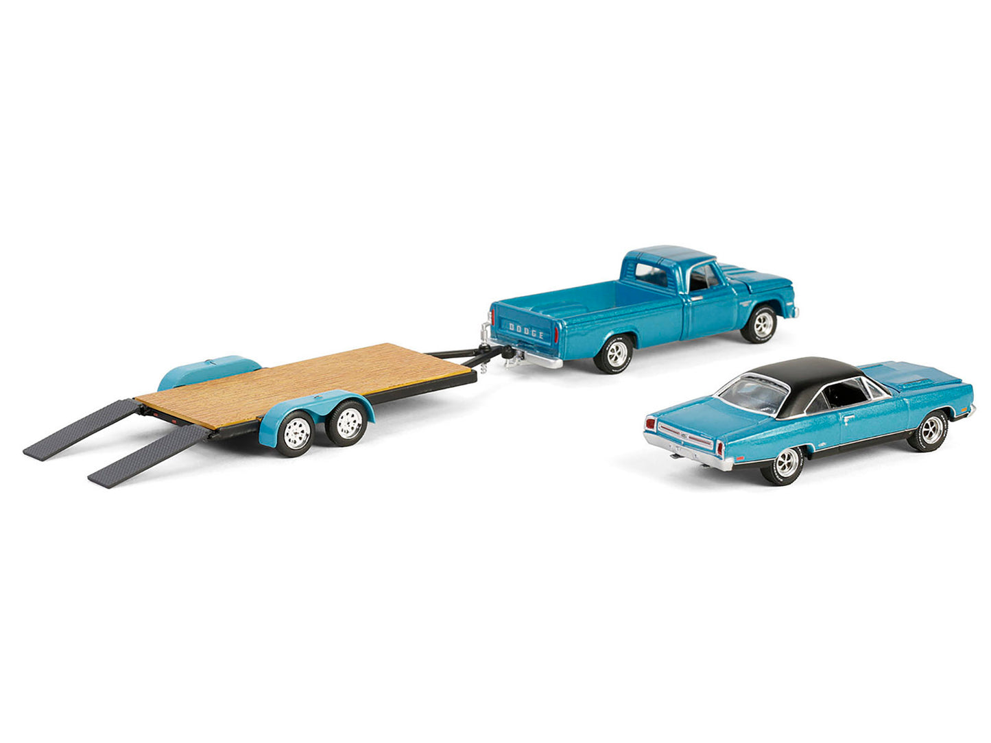 1969 Plymouth GTX Turquoise Metallic and 1967 Dodge D-200 Pickup Truck Turquoise Metallic with Flatbed Trailer "Graveyard Carz" (2012-Current) TV Series "Hollywood Hitch & Tow" Series 13 1/64 Diecast Model Cars by Greenlight