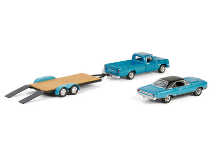 1969 Plymouth GTX Turquoise Metallic and 1967 Dodge D-200 Pickup Truck Turquoise Metallic with Flatbed Trailer "Graveyard Carz" (2012-Current) TV Series "Hollywood Hitch & Tow" Series 13 1/64 Diecast Model Cars by Greenlight