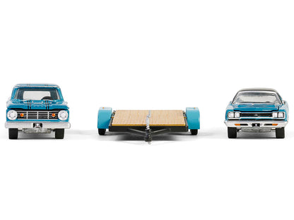 1969 Plymouth GTX Turquoise Metallic and 1967 Dodge D-200 Pickup Truck Turquoise Metallic with Flatbed Trailer "Graveyard Carz" (2012-Current) TV Series "Hollywood Hitch & Tow" Series 13 1/64 Diecast Model Cars by Greenlight