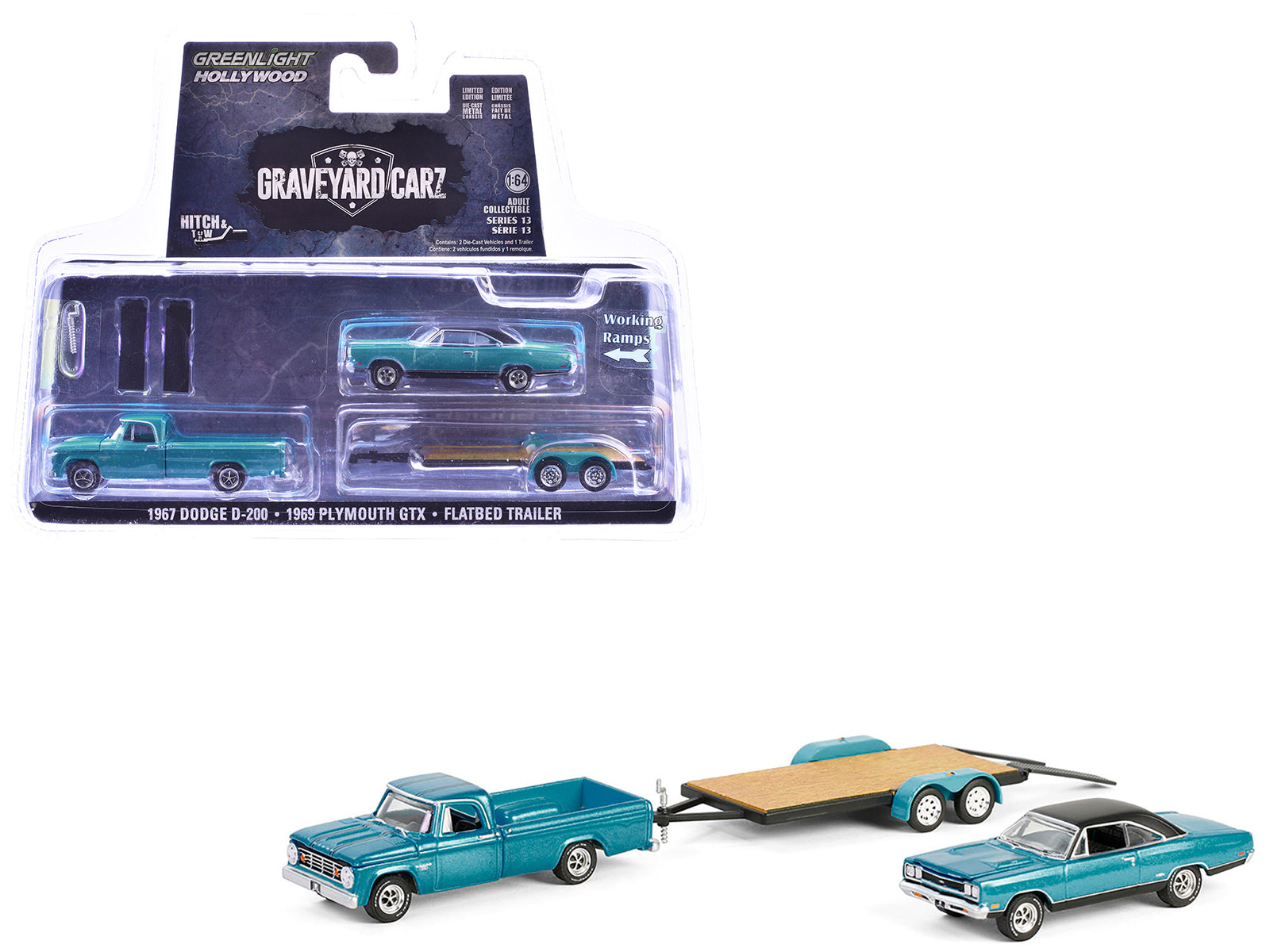 1969 Plymouth GTX Turquoise Metallic and 1967 Dodge D-200 Pickup Truck Turquoise Metallic with Flatbed Trailer "Graveyard Carz" (2012-Current) TV Series "Hollywood Hitch & Tow" Series 13 1/64 Diecast Model Cars by Greenlight-DiecastModeler.com