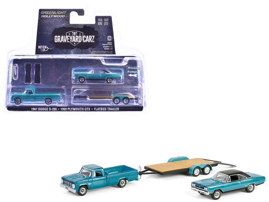 1969 Plymouth GTX Turquoise Metallic and 1967 Dodge D-200 Pickup Truck Turquoise Metallic with Flatbed Trailer "Graveyard Carz" (2012-Current) TV Series "Hollywood Hitch & Tow" Series 13 1/64 Diecast Model Cars by Greenlight-DiecastModeler.com