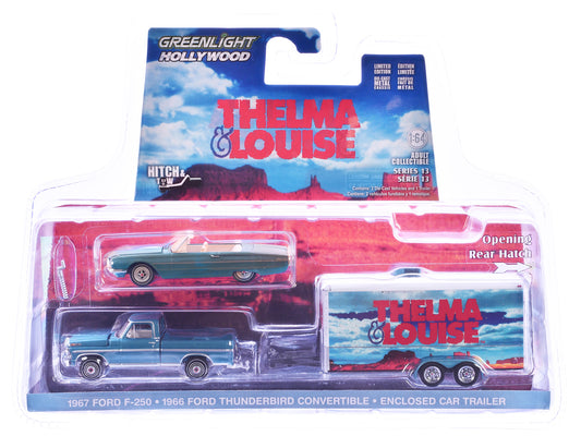 1966 Ford Thunderbird Convertible Blue (Dust Covered) and 1967 Ford F-250 Pickup Truck Blue with Enclosed Car Hauler "Thelma & Louise" (1991) Movie "Hollywood Hitch & Tow" Series 13 1/64 Diecast Model Cars by Greenlight-DiecastModeler.com