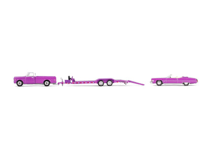 1974 Cadillac Eldorado Convertible Pink and 1972 Chevrolet C-30 Pickup Truck Pink with Heavy Duty Car Hauler "True Romance" (1993) Movie "Hollywood Hitch & Tow" Series 13 1/64 Diecast Model Cars by Greenlight