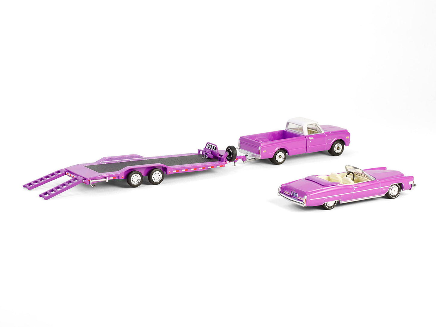 1974 Cadillac Eldorado Convertible Pink and 1972 Chevrolet C-30 Pickup Truck Pink with Heavy Duty Car Hauler "True Romance" (1993) Movie "Hollywood Hitch & Tow" Series 13 1/64 Diecast Model Cars by Greenlight