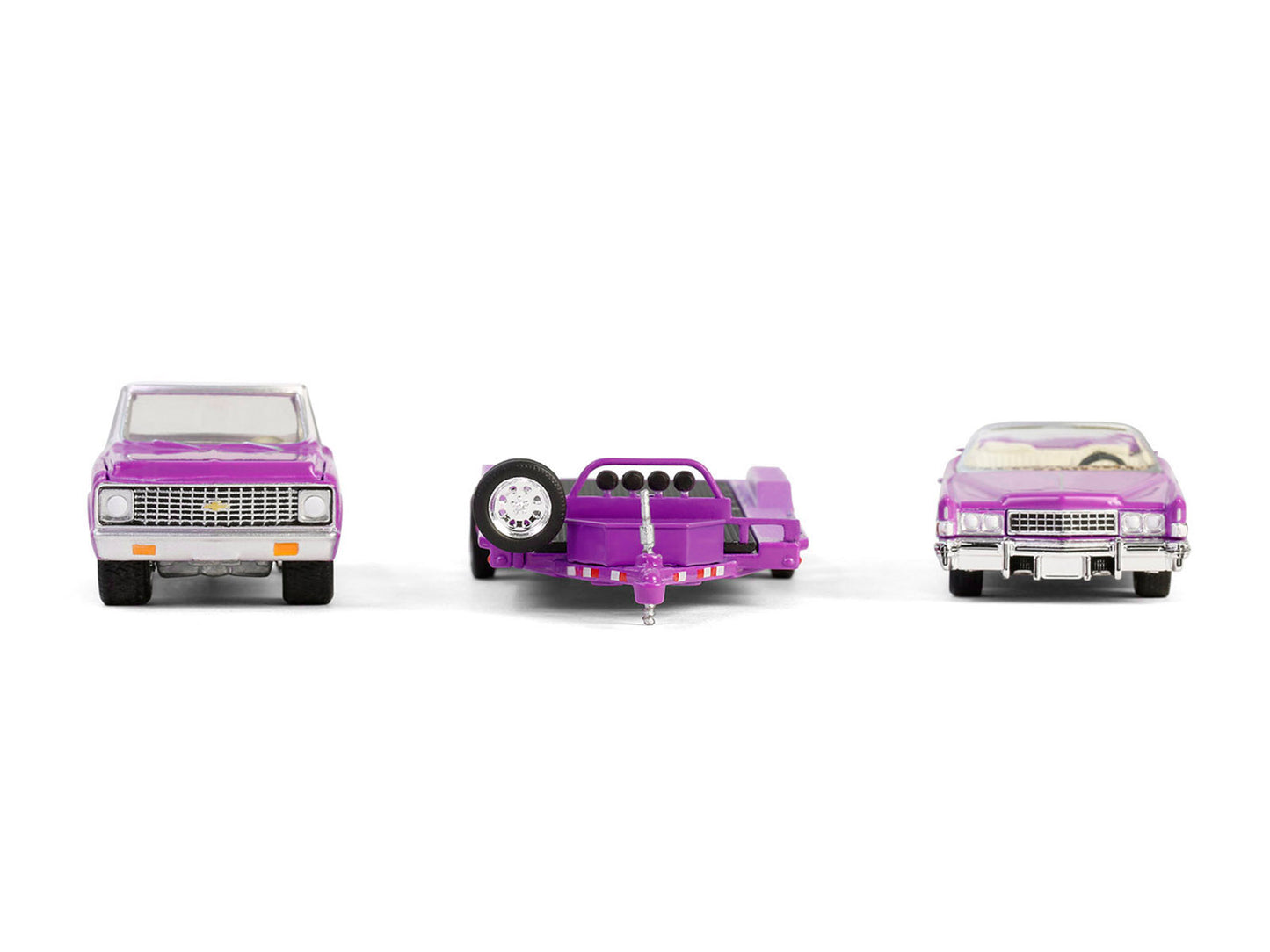 1974 Cadillac Eldorado Convertible Pink and 1972 Chevrolet C-30 Pickup Truck Pink with Heavy Duty Car Hauler "True Romance" (1993) Movie "Hollywood Hitch & Tow" Series 13 1/64 Diecast Model Cars by Greenlight