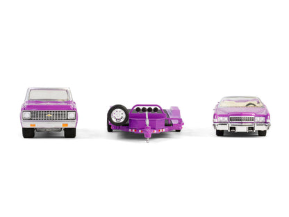 1974 Cadillac Eldorado Convertible Pink and 1972 Chevrolet C-30 Pickup Truck Pink with Heavy Duty Car Hauler "True Romance" (1993) Movie "Hollywood Hitch & Tow" Series 13 1/64 Diecast Model Cars by Greenlight