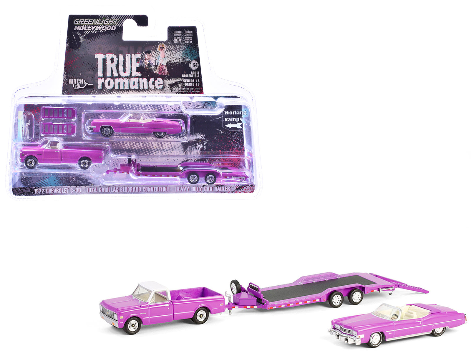 1974 Cadillac Eldorado Convertible Pink and 1972 Chevrolet C-30 Pickup Truck Pink with Heavy Duty Car Hauler "True Romance" (1993) Movie "Hollywood Hitch & Tow" Series 13 1/64 Diecast Model Cars by Greenlight-DiecastModeler.com