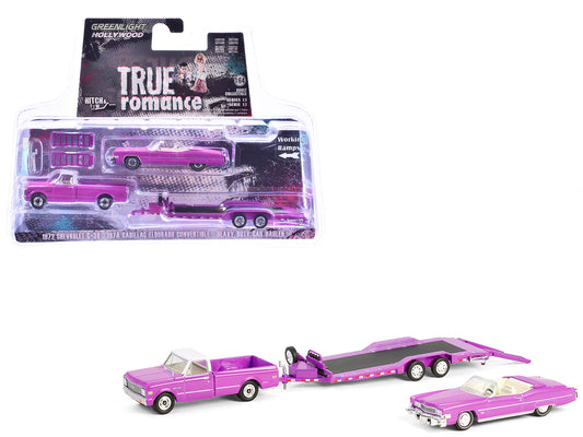 1974 Cadillac Eldorado Convertible Pink and 1972 Chevrolet C-30 Pickup Truck Pink with Heavy Duty Car Hauler "True Romance" (1993) Movie "Hollywood Hitch & Tow" Series 13 1/64 Diecast Model Cars by Greenlight-DiecastModeler.com