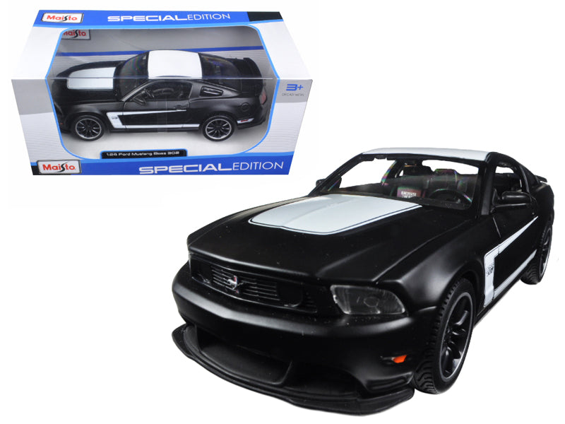 2012 Ford Mustang Boss 302 Matt Black and White 1/24 Diecast Model Car by Maisto-DiecastModeler.com