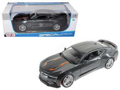 2017 Chevrolet Camaro SS Gray Metallic with Orange Stripes "50th Anniversary" "Special Edition" Series 1/18 Diecast Model Car by Maisto-DiecastModeler.com