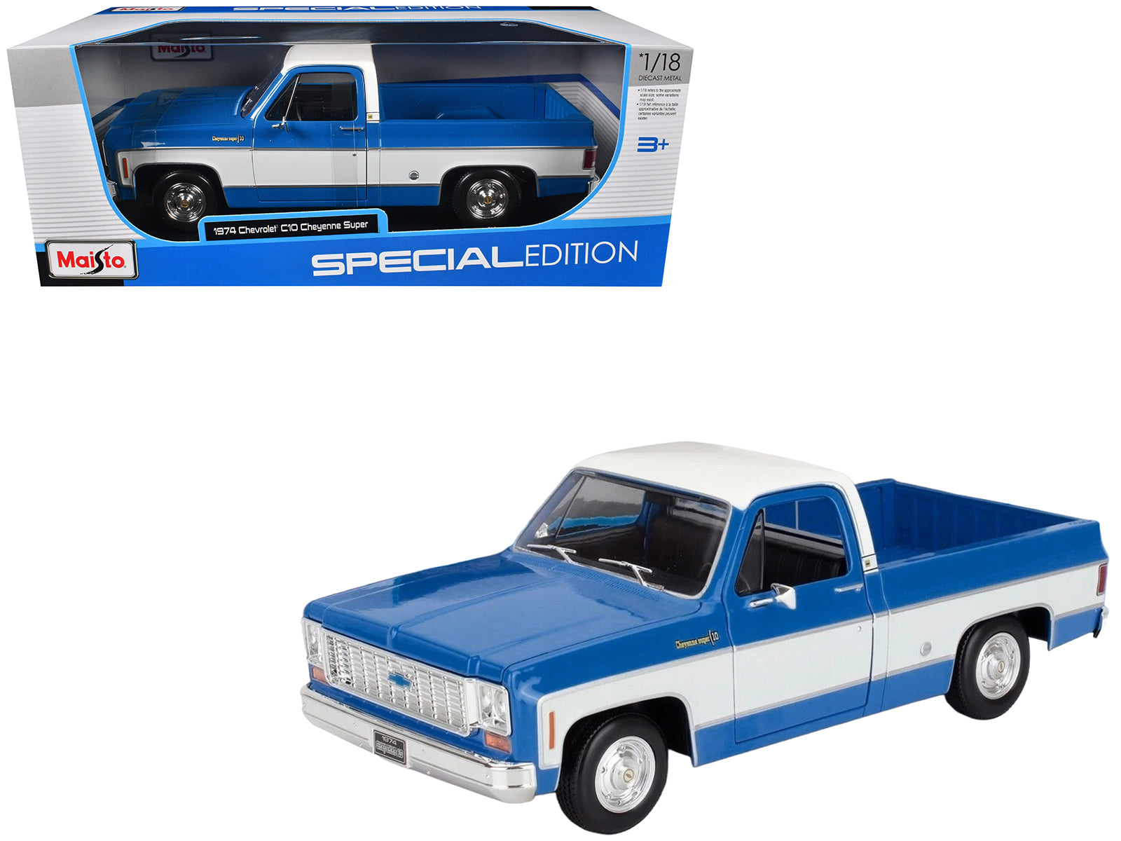 1974 Chevrolet C10 Cheyenne Super Pickup Truck Blue and White "Special Edition" Series 1/18 Diecast Model Car by Maisto-DiecastModeler.com