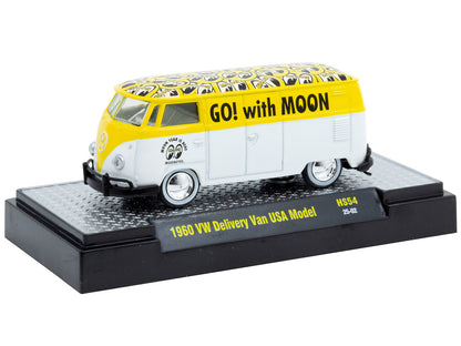 1960 Volkswagen Delivery Van USA Model "MoonEyes" White and Yellow with Top Graphics and White Interior Limited Edition to 5236 pieces Worldwide 1/64 Diecast Model Car by M2 Machines