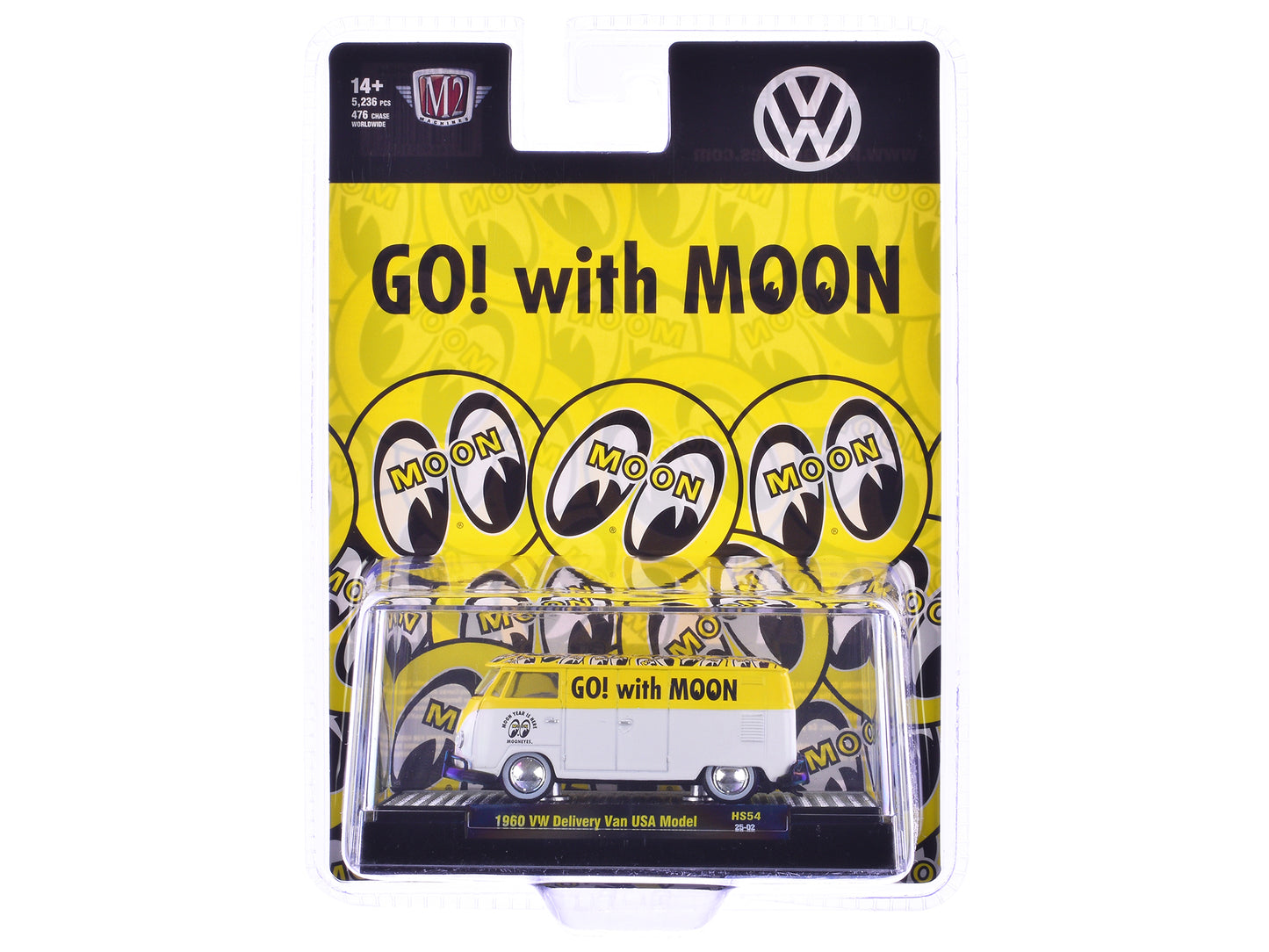 1960 Volkswagen Delivery Van USA Model "MoonEyes" White and Yellow with Top Graphics and White Interior Limited Edition to 5236 pieces Worldwide 1/64 Diecast Model Car by M2 Machines