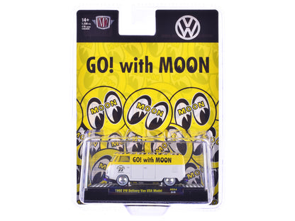 1960 Volkswagen Delivery Van USA Model "MoonEyes" White and Yellow with Top Graphics and White Interior Limited Edition to 5236 pieces Worldwide 1/64 Diecast Model Car by M2 Machines