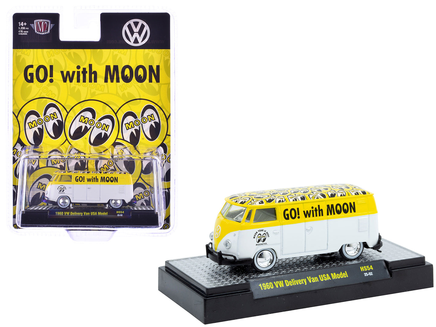 1960 Volkswagen Delivery Van USA Model "MoonEyes" White and Yellow with Top Graphics and White Interior Limited Edition to 5236 pieces Worldwide 1/64 Diecast Model Car by M2 Machines