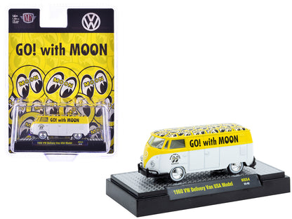 1960 Volkswagen Delivery Van USA Model "MoonEyes" White and Yellow with Top Graphics and White Interior Limited Edition to 5236 pieces Worldwide 1/64 Diecast Model Car by M2 Machines