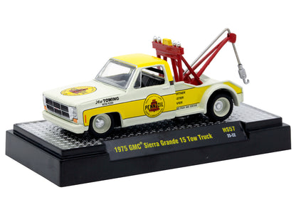 1975 GMC Sierra Grande 15 Tow Truck "Pennzoil" Off White and Yellow Limited Edition to 6842 pieces Worldwide 1/64 Diecast Model Car by M2 Machines