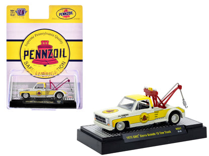 1975 GMC Sierra Grande 15 Tow Truck "Pennzoil" Off White and Yellow Limited Edition to 6842 pieces Worldwide 1/64 Diecast Model Car by M2 Machines