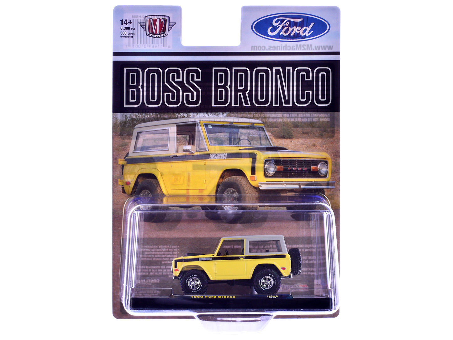 1969 Ford Bronco Yellow with Black Stripes and Gray Top Limited Edition to 6380 pieces Worldwide 1/64 Diecast Model Car by M2 Machines-DiecastModeler.com