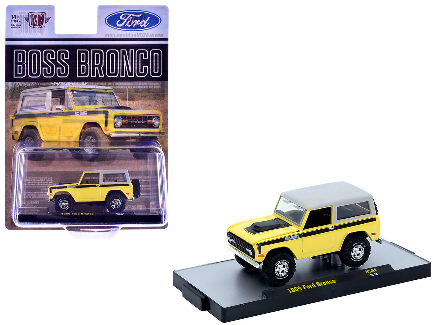 1969 Ford Bronco Yellow with Black Stripes and Gray Top Limited Edition to 6380 pieces Worldwide 1/64 Diecast Model Car by M2 Machines-DiecastModeler.com