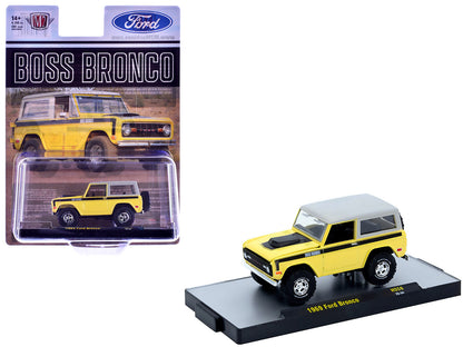 1969 Ford Bronco Yellow with Black Stripes and Gray Top Limited Edition to 6380 pieces Worldwide 1/64 Diecast Model Car by M2 Machines-DiecastModeler.com