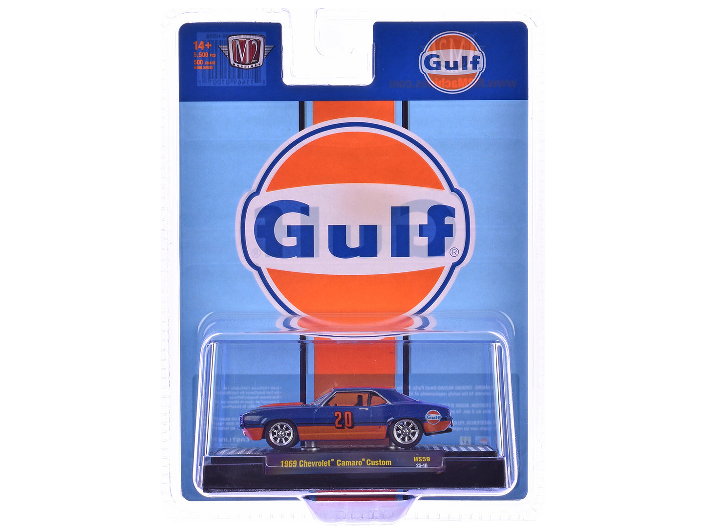 1969 Chevrolet Camaro Custom #20 "Gulf Oil" Dark Blue and Orange Limited Edition to 5500 pieces Worldwide 1/64 Diecast Model Car by M2 Machines-DiecastModeler.com