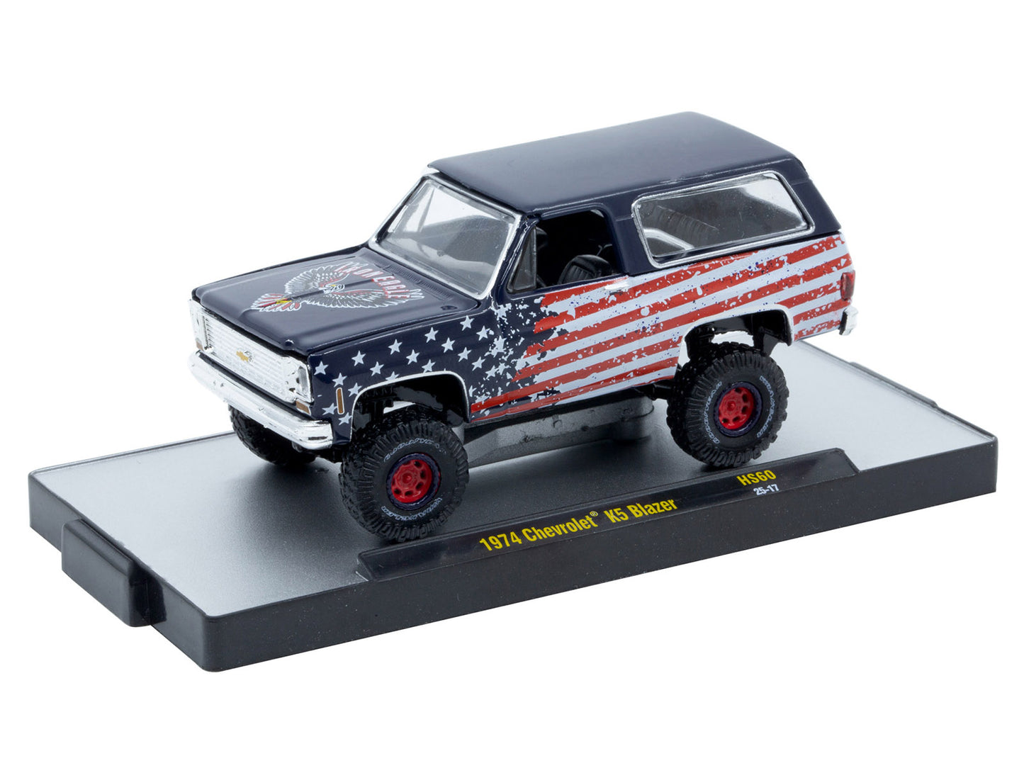1974 Chevrolet K5 Blazer "Iron Eagle" Dark Blue with American Flag Graphics Limited Edition to 5500 pieces Worldwide 1/64 Diecast Model Car by M2 Machines