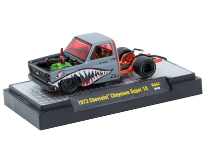 1973 Chevrolet Cheyenne Super 10 Bedless Truck "PFC. Hyde" Gray with Shark Mouth Graphics "Lowriders" Limited Edition to 12364 pieces Worldwide 1/64 Diecast Model Car by M2 Machines