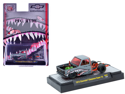 1973 Chevrolet Cheyenne Super 10 Bedless Truck "PFC. Hyde" Gray with Shark Mouth Graphics "Lowriders" Limited Edition to 12364 pieces Worldwide 1/64 Diecast Model Car by M2 Machines