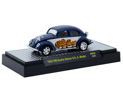 1953 Volkswagen Beetle Deluxe USA Model "The Slug Bug" Blue Metallic with White Sides Limited Edition to 5566 pieces Worldwide 1/64 Diecast Model Car by M2 Machines-DiecastModeler.com