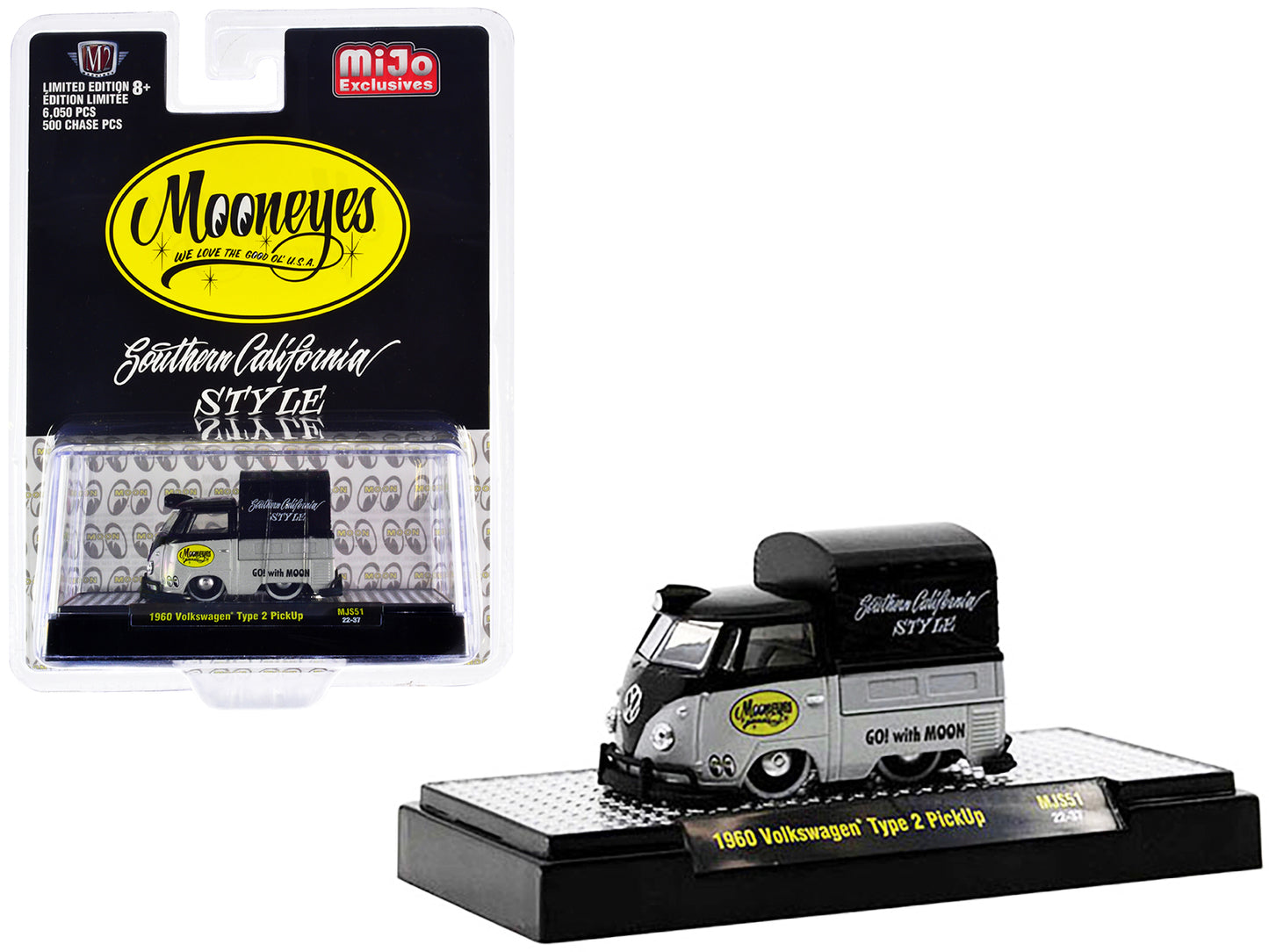 1960 Volkswagen Type 2 Pickup Truck with Canvas Cover "Mooneyes Southern California Style" Black and Gray Limited Edition to 6050 pieces Worldwide 1/64 Diecast Model Car by M2 Machines-DiecastModeler.com