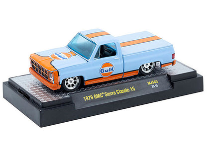 1979 GMC Sierra Classic 15 Pickup Truck "Gulf Oil" Light Blue with Orange Stripe Limited Edition to 10450 pieces Worldwide 1/64 Diecast Model Car by M2 Machines