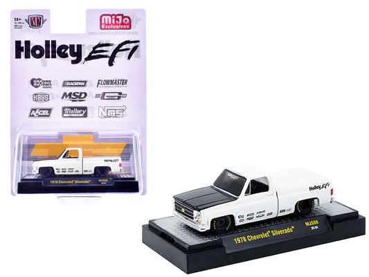1978 Chevrolet Silverado Pickup Truck "Holley EFI" White with Black Hood Limited Edition to 10120 pieces Worldwide 1/64 Diecast Model Car by M2 Machines