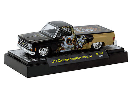 1977 Chevrolet Cheyenne Super 30 Pickup Truck "Dia De Los Muertos" Black with Graphics Limited Edition to 9900 pieces Worldwide 1/64 Diecast Model Car by M2 Machines