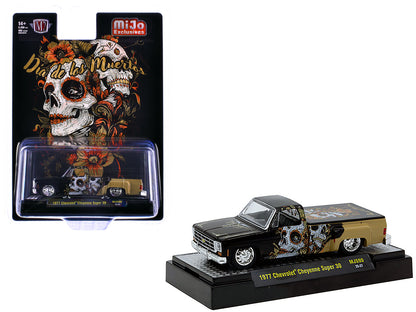1977 Chevrolet Cheyenne Super 30 Pickup Truck "Dia De Los Muertos" Black with Graphics Limited Edition to 9900 pieces Worldwide 1/64 Diecast Model Car by M2 Machines
