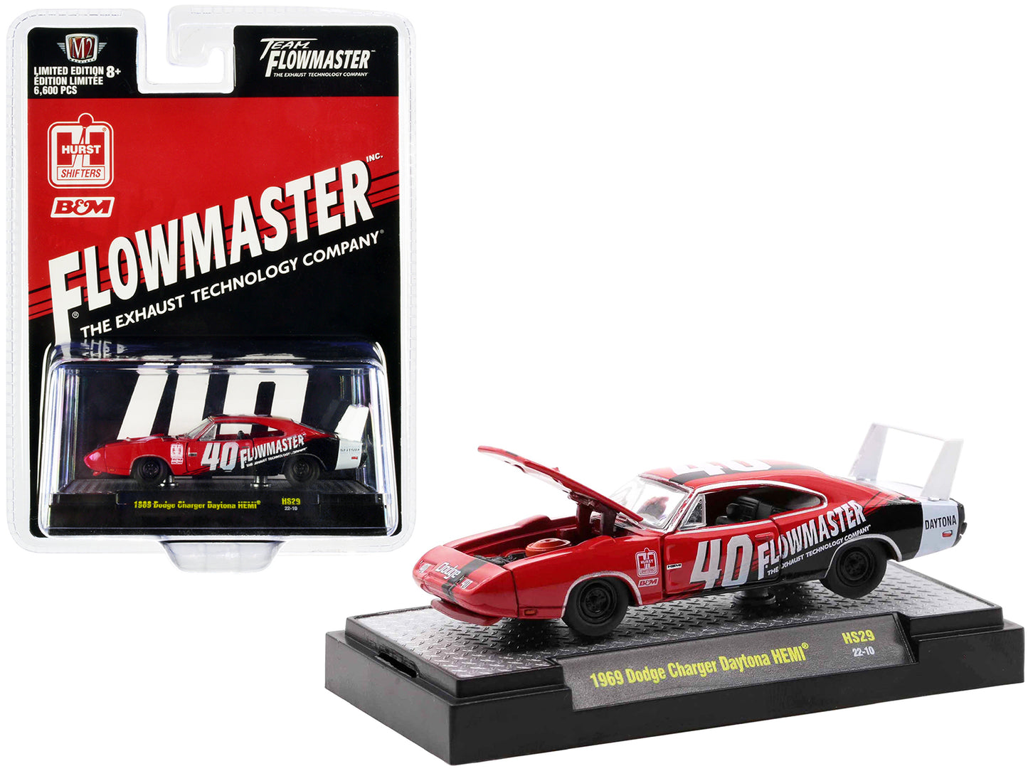 1969 Dodge Charger Daytona HEMI #40 Red with Graphics "Flowmaster" Limited Edition to 6600 pieces Worldwide 1/64 Diecast Model Car by M2 Machines-DiecastModeler.com