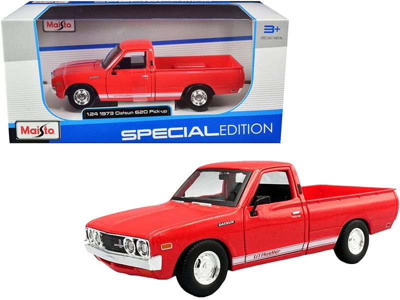 1973 Datsun 620 Pickup Truck "Li'l Hustler" Red with White Stripes "Special Edition" Series 1/24 Diecast Model Car by Maisto-DiecastModeler.com