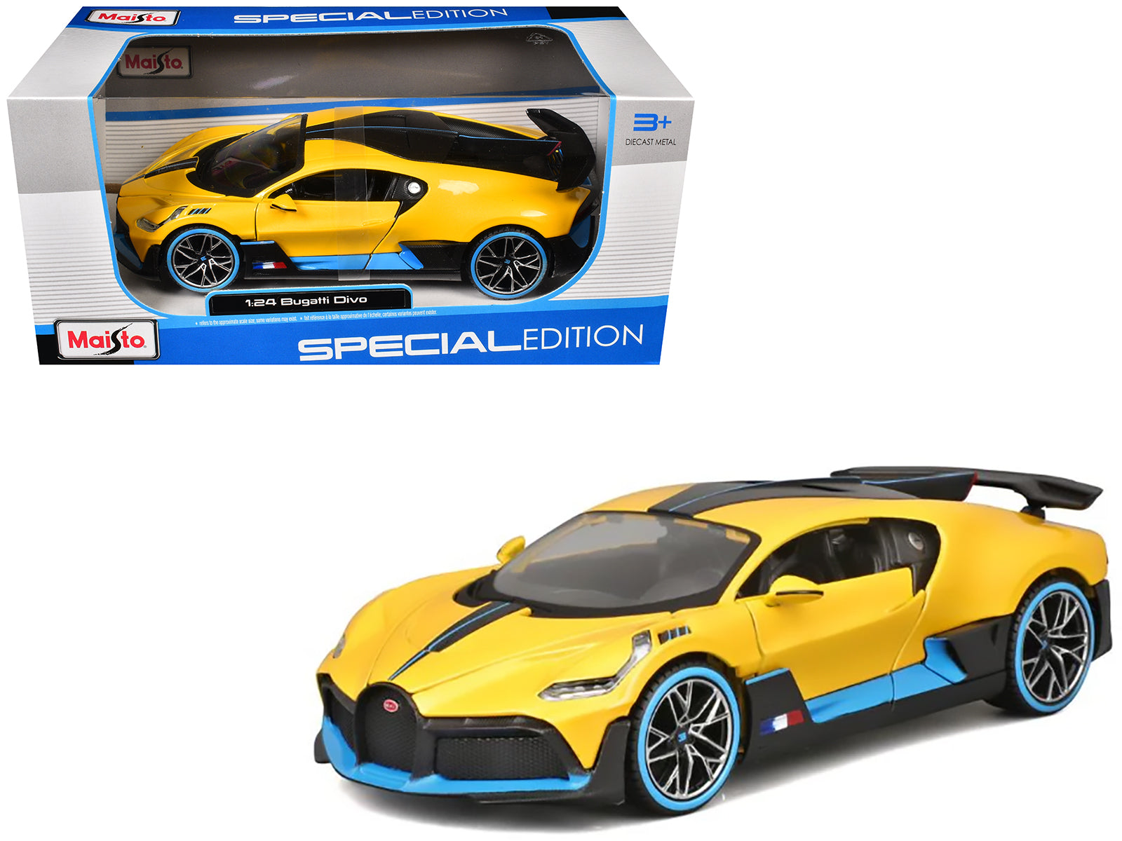 Bugatti Divo Yellow Metallic with Carbon and Blue Accents "Special Edition" 1/24 Diecast Model Car by Maisto-DiecastModeler.com