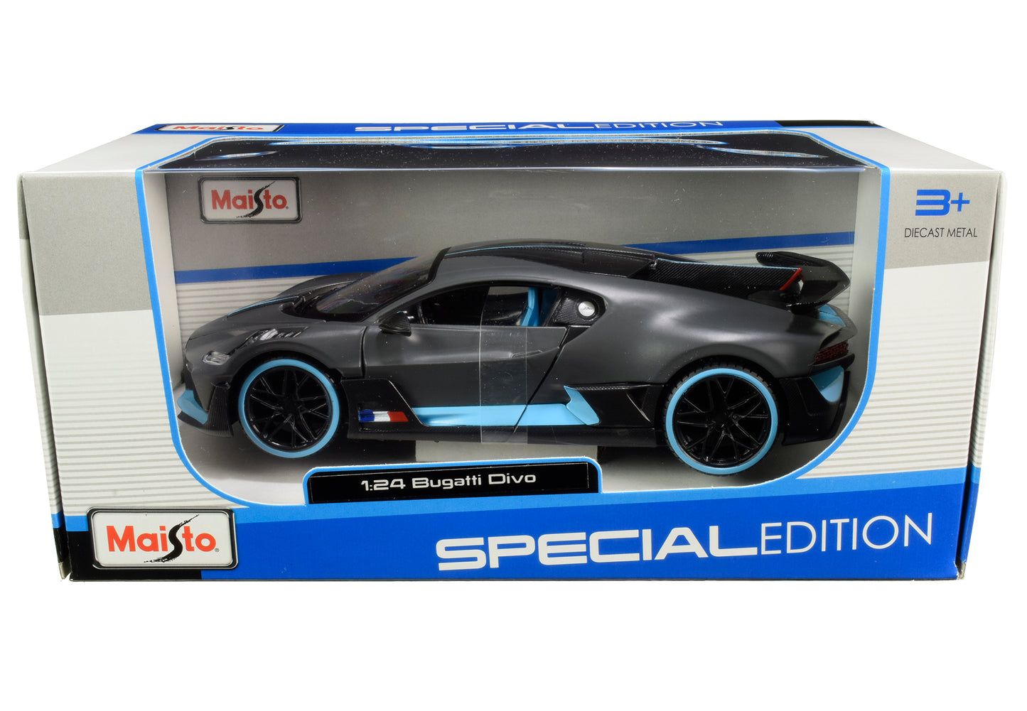 Bugatti Divo Satin Charcoal Gray with Carbon and Blue Accents "Special Edition" 1/24 Diecast Model Car by Maisto-DiecastModeler.com