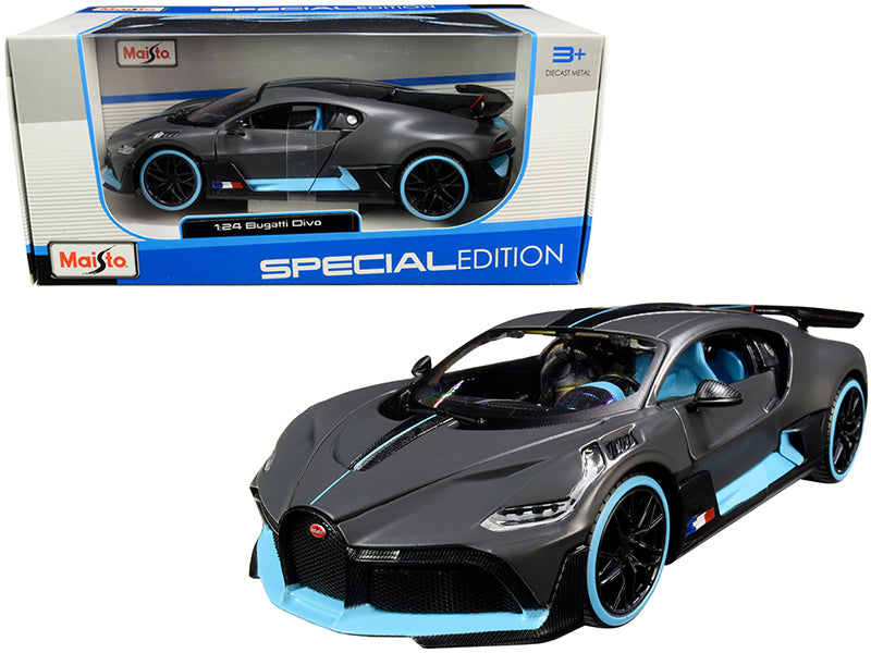 Bugatti Divo Satin Charcoal Gray with Carbon and Blue Accents "Special Edition" 1/24 Diecast Model Car by Maisto-DiecastModeler.com
