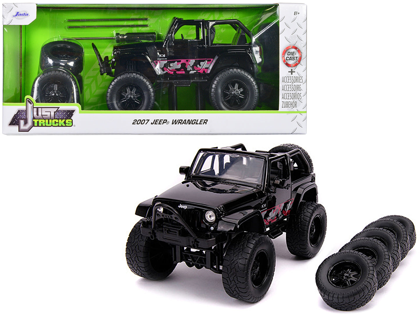 2007 Jeep Wrangler Black with Extra Wheels "Just Trucks" Series 1/24 Diecast Model Car by Jada-DiecastModeler.com