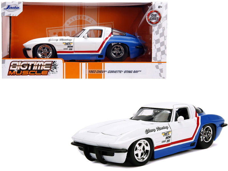 1963 Chevrolet Corvette Stingray White and Blue with Red Stripe "Chevy Racing" "Bigtime Muscle" 1/24 Diecast Model Car by Jada-DiecastModeler.com